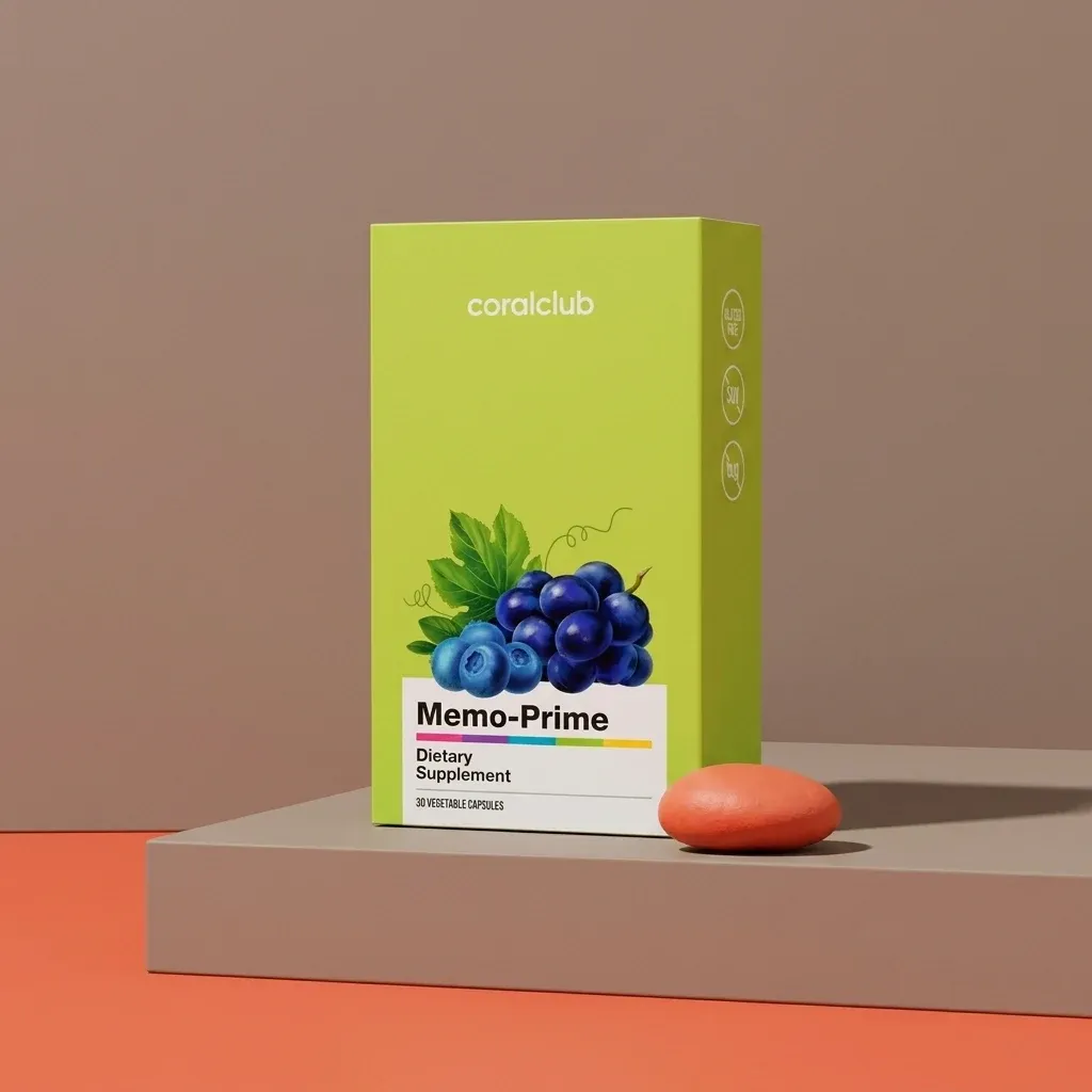 Memo-Prime dietary supplement packshot with blueberries and a coral-colored capsule.