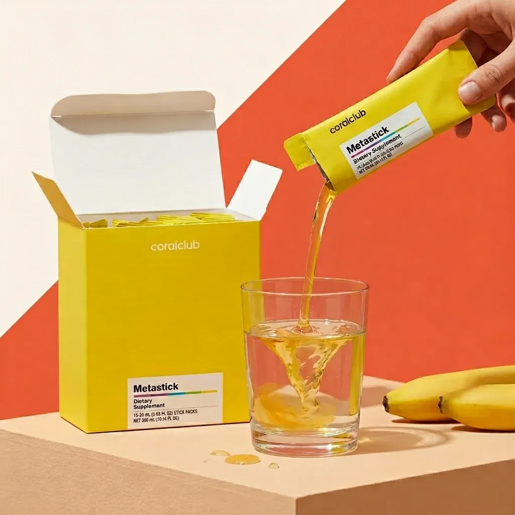 Metastick dietary supplement detail with yellow packaging and liquid being poured into a glass.