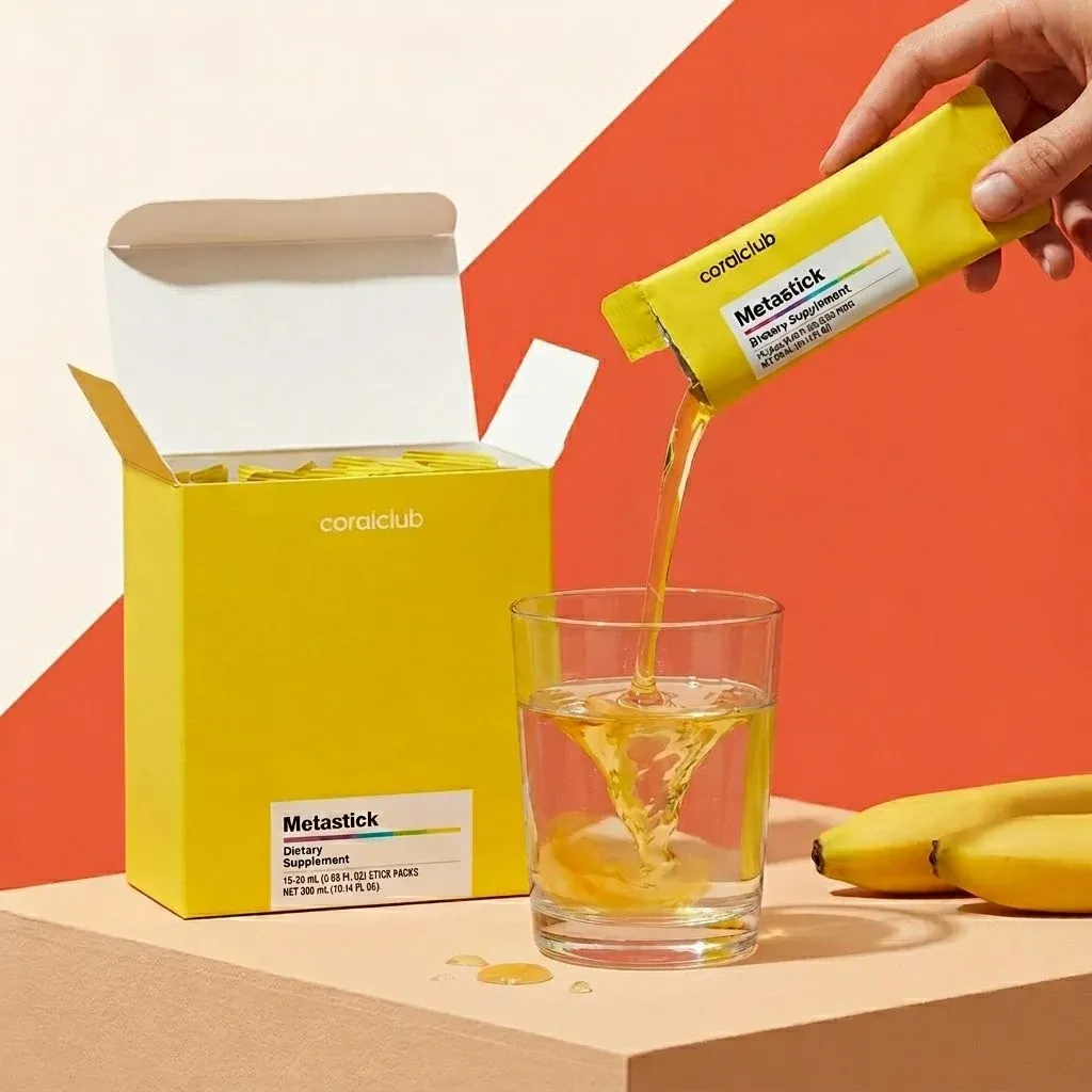 Metastick dietary supplement detail with yellow packaging and liquid being poured into a glass.