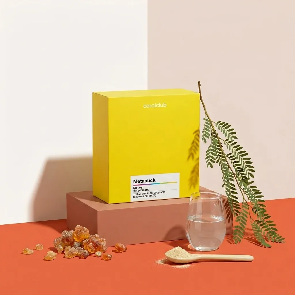 Metastick ingredient box with resin pieces, glass of water, and natural elements on a colorful background.