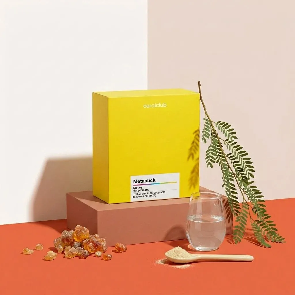 Metastick ingredient box with resin pieces, glass of water, and natural elements on a colorful background.