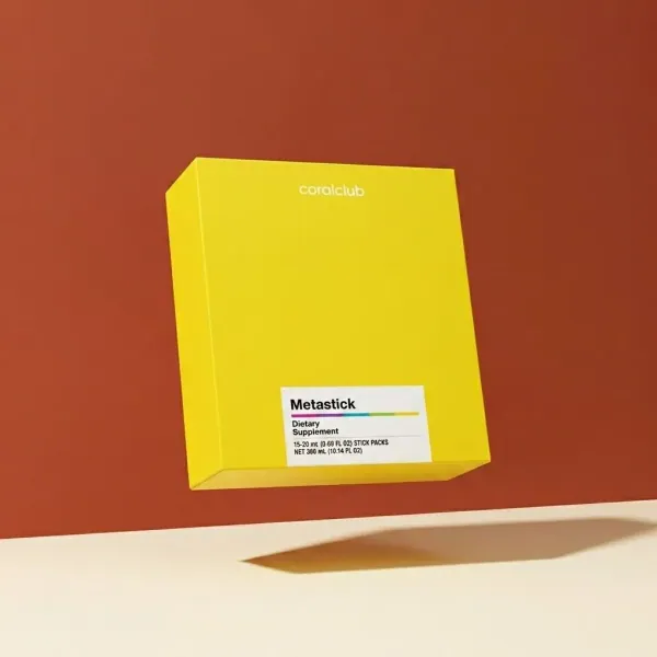 Metastick dietary supplement packshot with yellow packaging on a brown background.