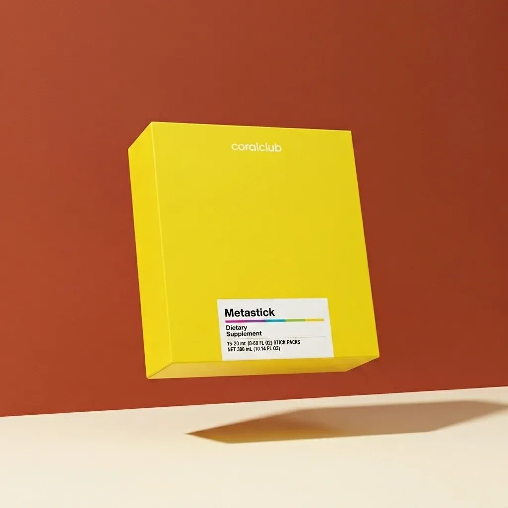 Metastick dietary supplement packshot with yellow packaging on a brown background.