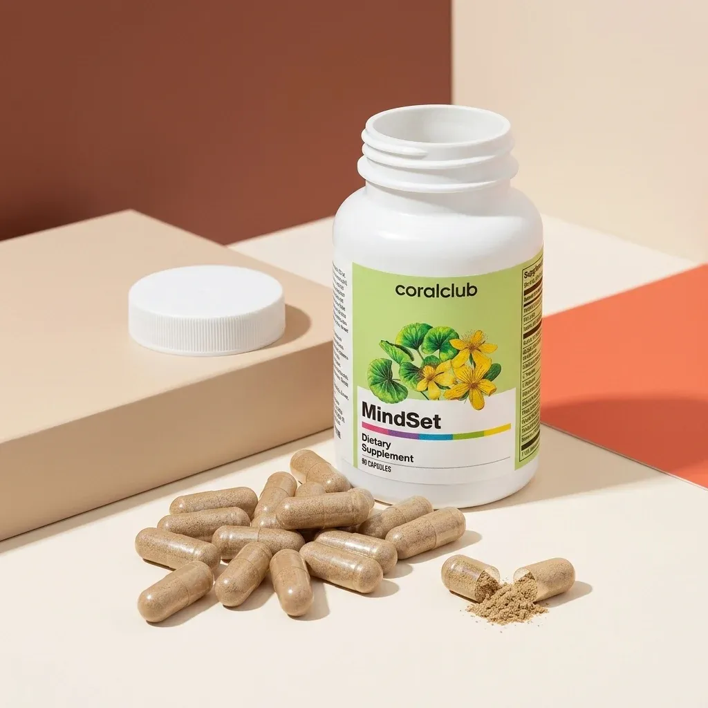 MindSet dietary supplement bottle with capsules and powder on a minimalist background.