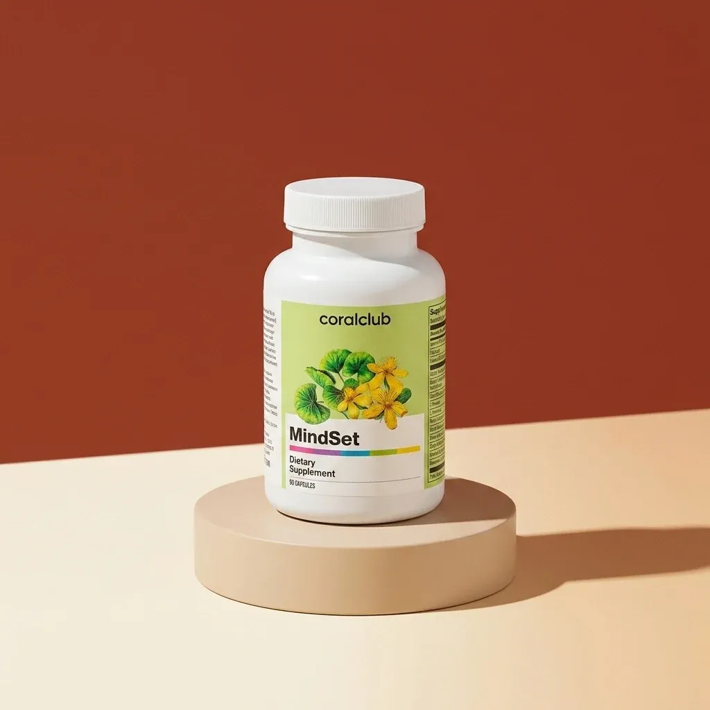 MindSet dietary supplement bottle on a minimalist pedestal against a warm background.
