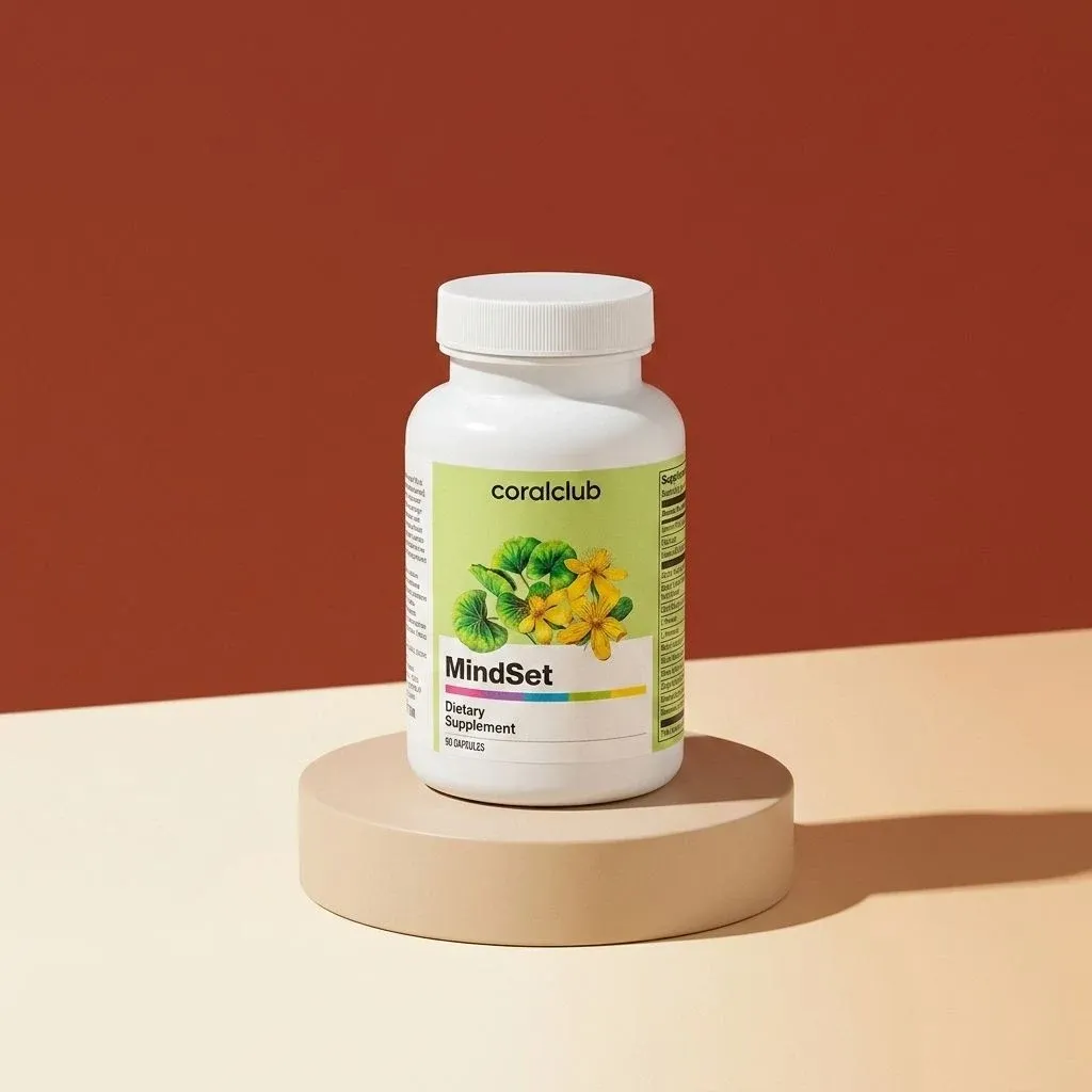 MindSet dietary supplement bottle on a minimalist pedestal against a warm background.