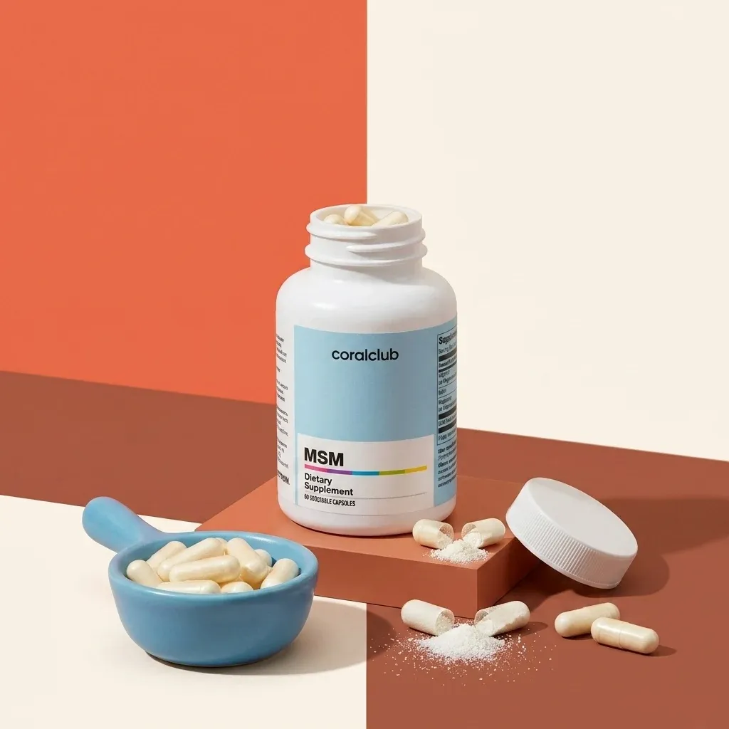 MSM dietary supplement bottle with capsules and powder on a colorful background.