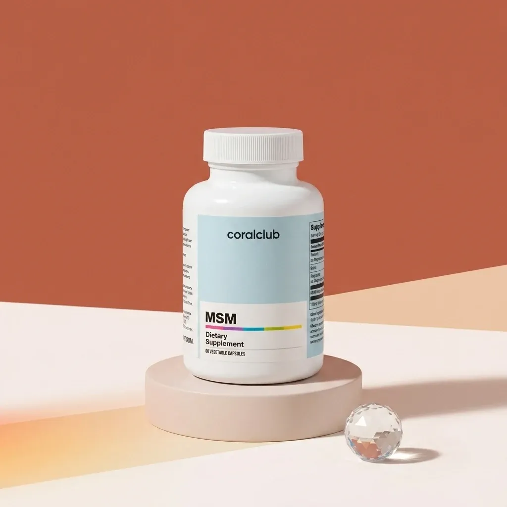 MSM dietary supplement packshot on a minimalist pedestal with a crystal accent.