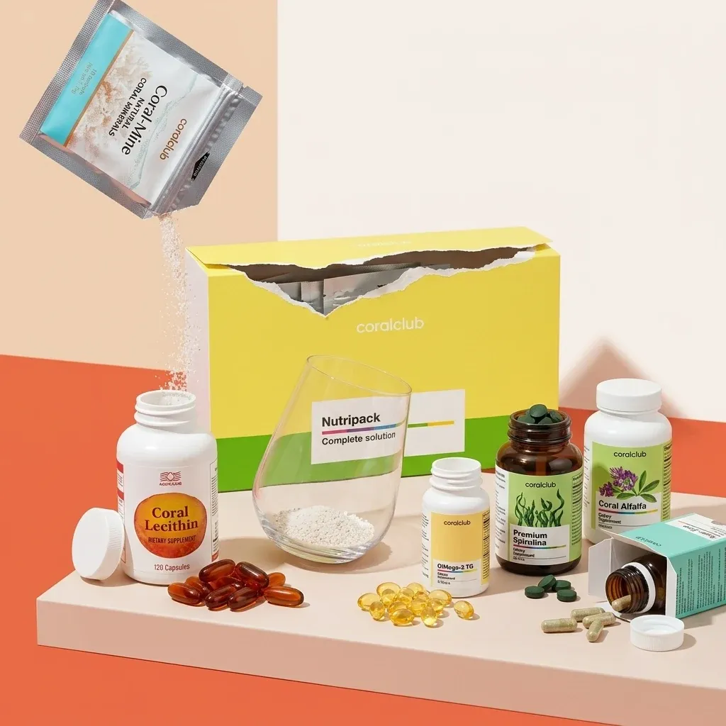 Nutripack detail with various supplements, including powders and capsules, displayed on a colorful background.