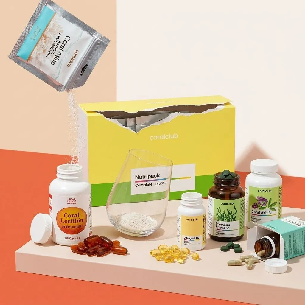 Nutripack detail with various supplements, including powders and capsules, displayed on a colorful background.