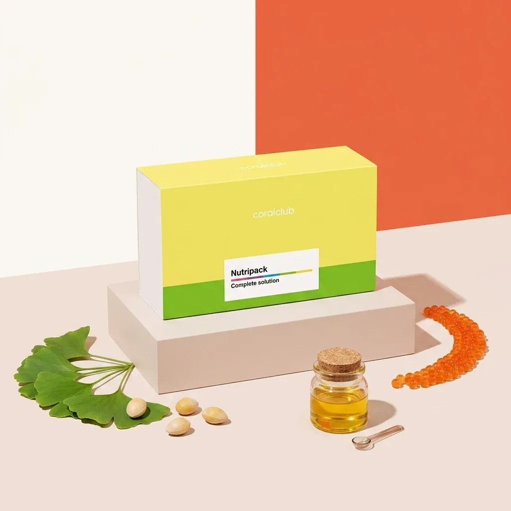 Nutripack ingredient box with ginkgo leaves, oil, and gummies on a minimalist background.