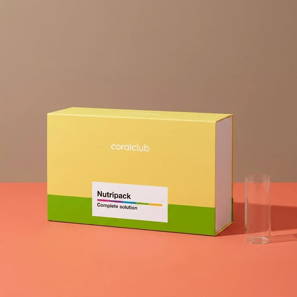 Nutripack packshot featuring a yellow box with a clear tube on a coral and beige background.