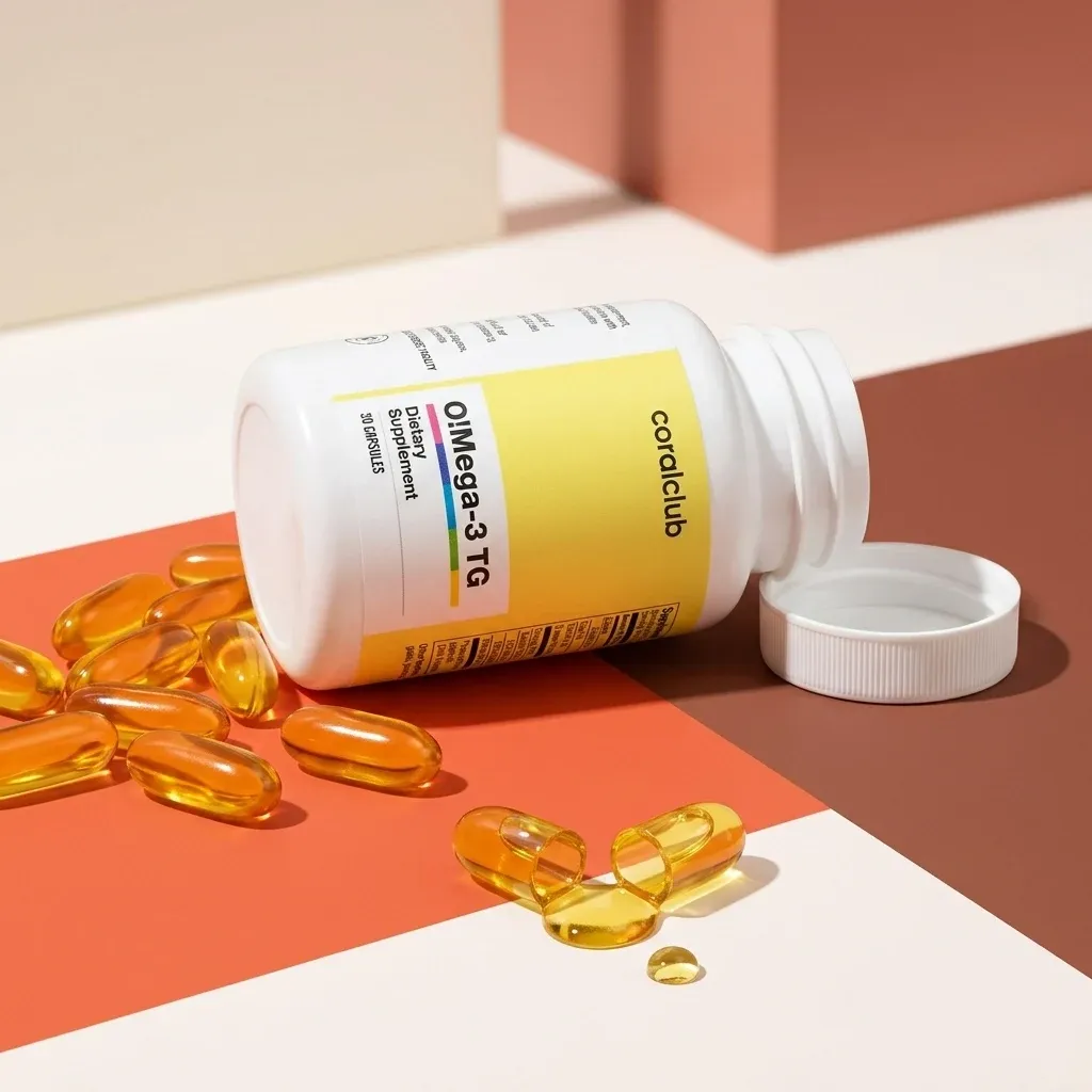 O!Mega-3 TG supplement bottle with yellow softgel capsules on a colorful background.