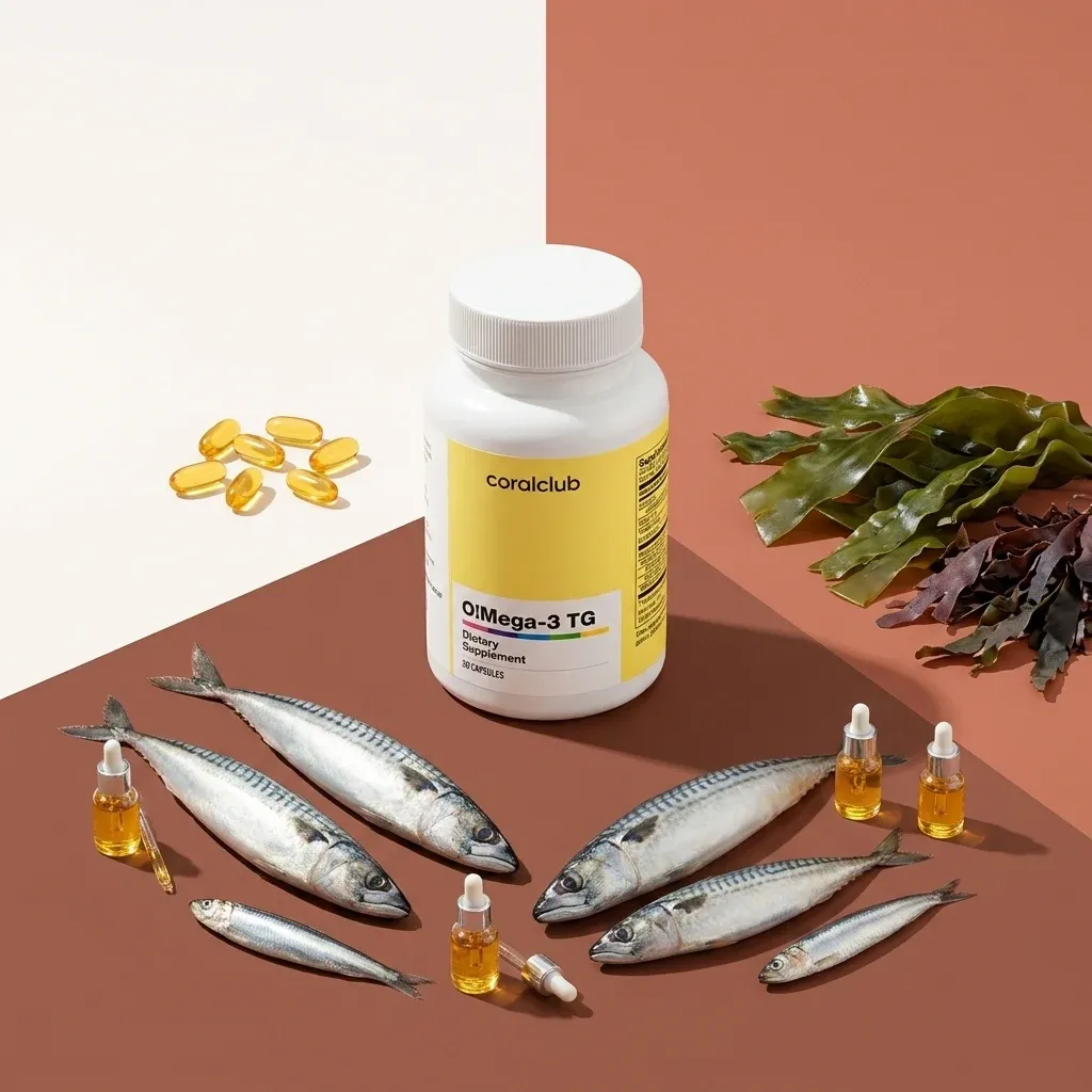 O!Mega-3 TG supplement bottle with fish, seaweed, and omega-3 oil capsules.