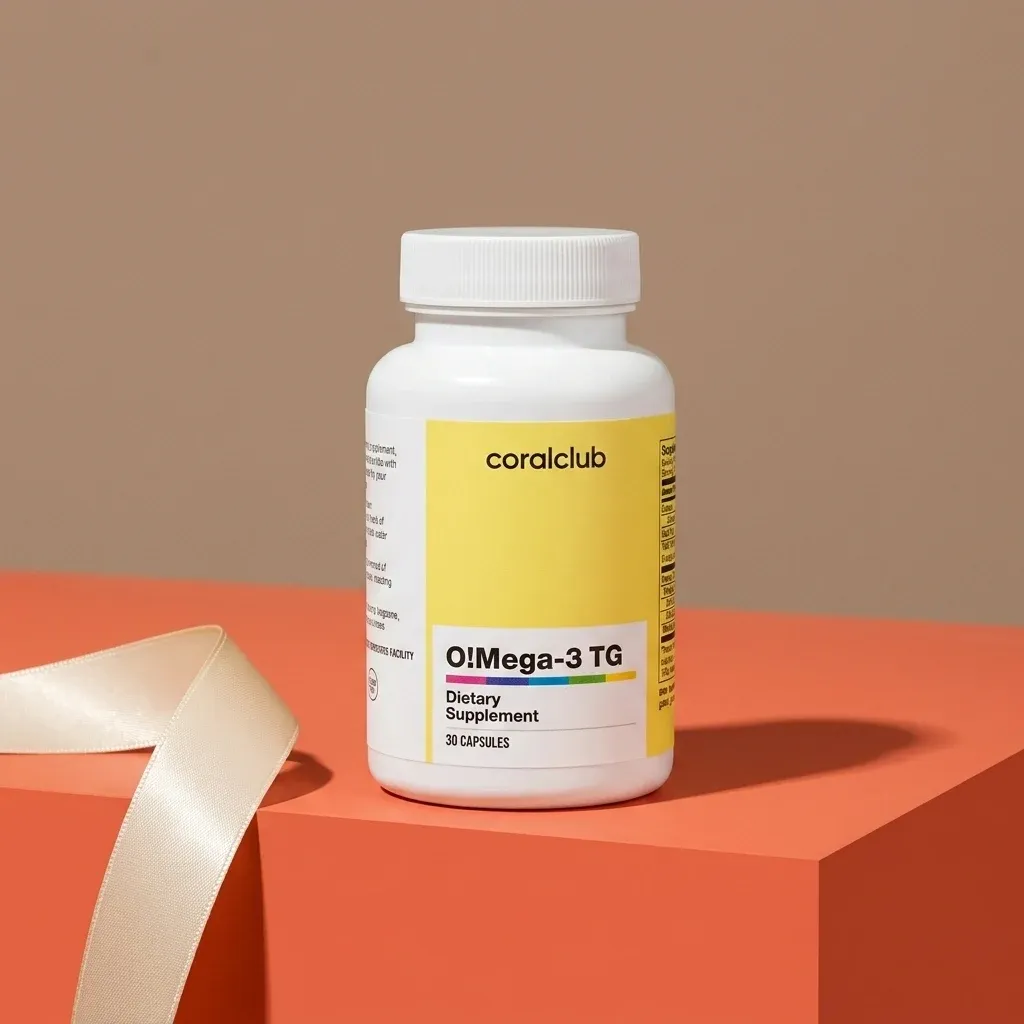 O!Mega-3 TG dietary supplement packshot with yellow label and 30 capsules bottle on a coral background.