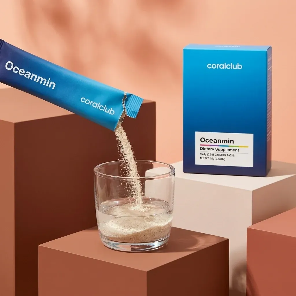 Oceanmin dietary supplement powder being poured into a glass, with packaging in a modern setting.