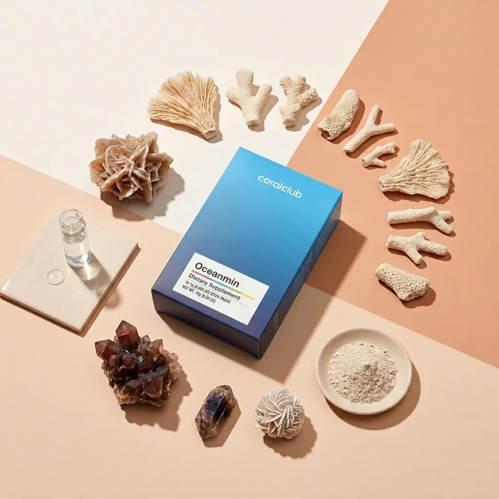 Oceanmin dietary supplement box surrounded by coral and mineral ingredients on a pastel background.