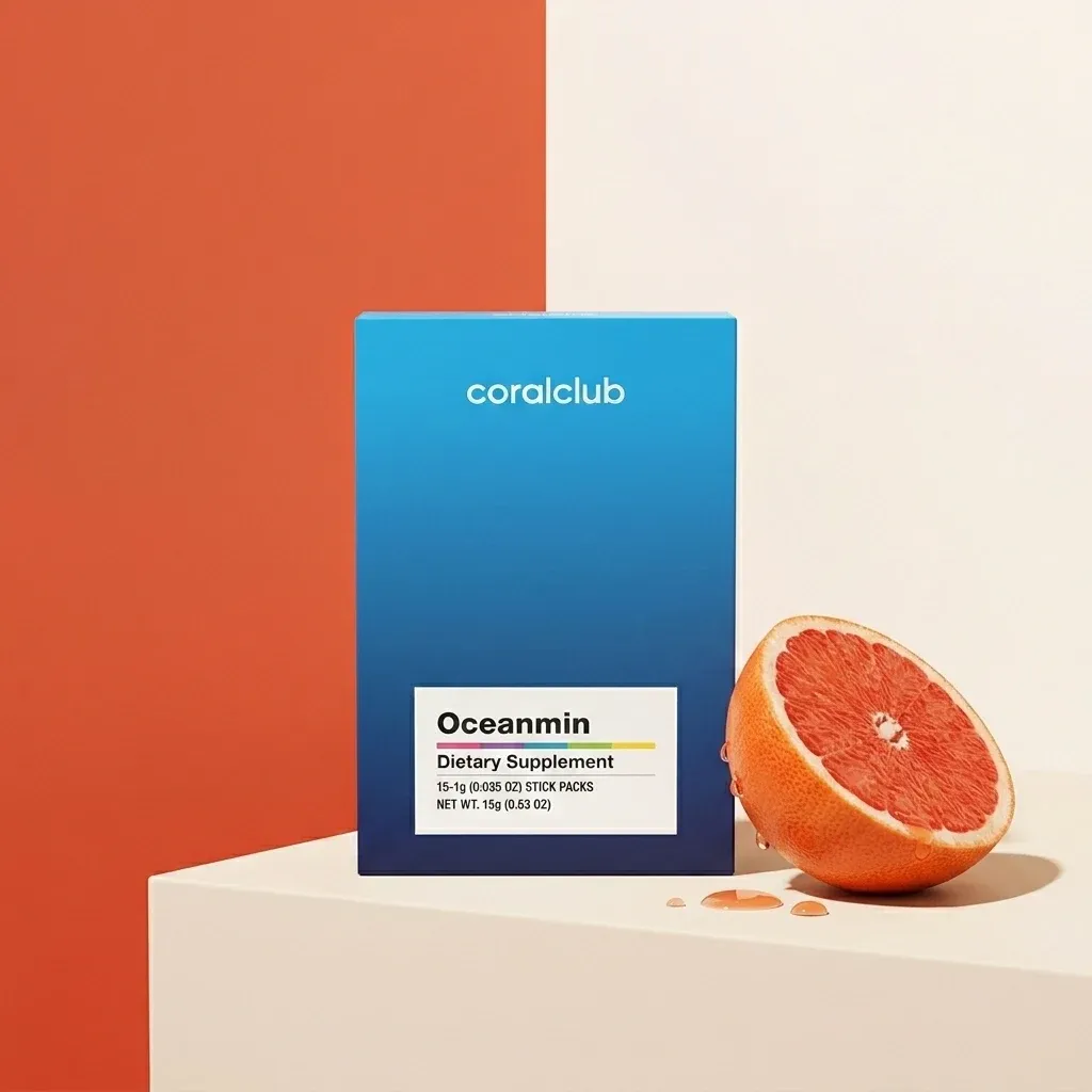 Oceanmin Dietary Supplement packshot with grapefruit on a minimalistic background.