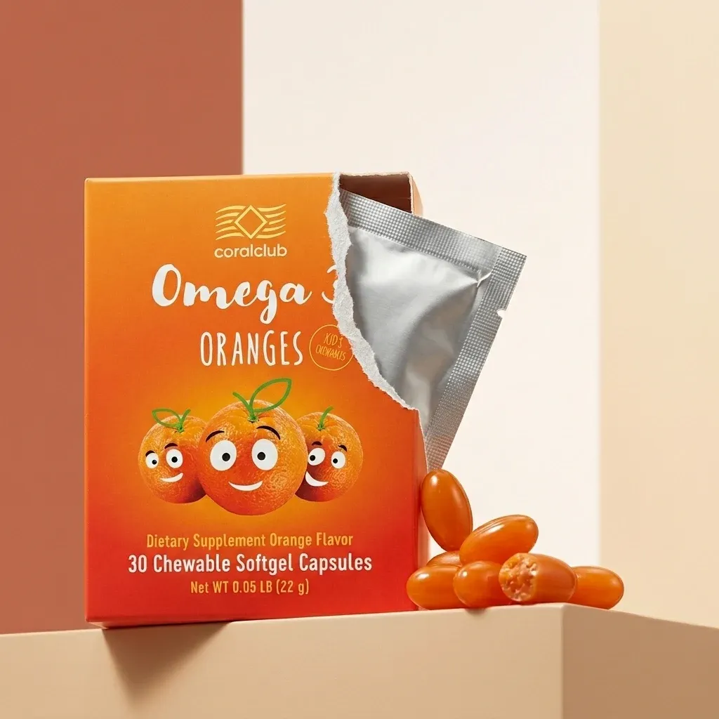 Omega 3 Oranges dietary supplement box with orange-flavored chewable softgel capsules.