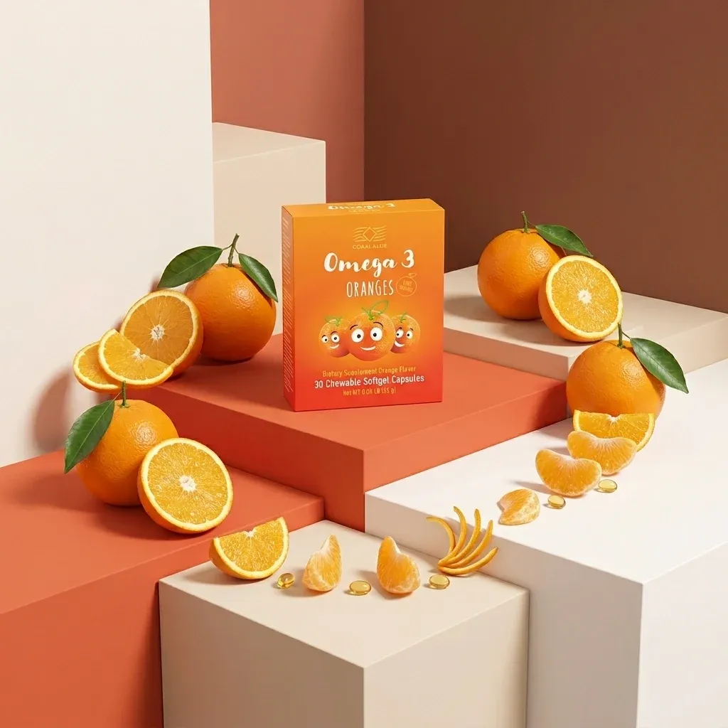 Omega 3 Oranges ingredient shot with fresh oranges and softgel capsules on a geometric background.