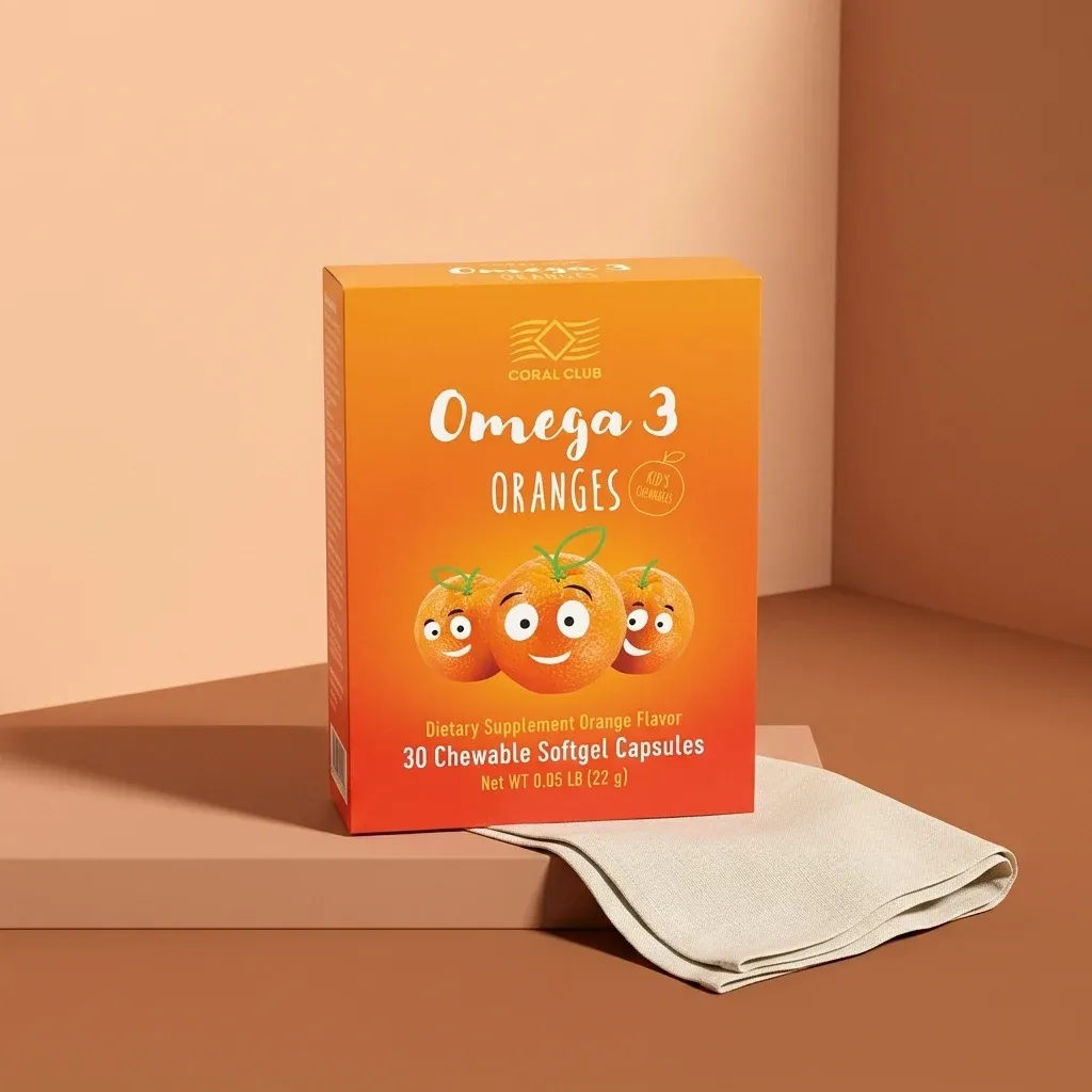 Omega 3 Oranges dietary supplement packshot with 30 chewable softgel capsules in orange box.