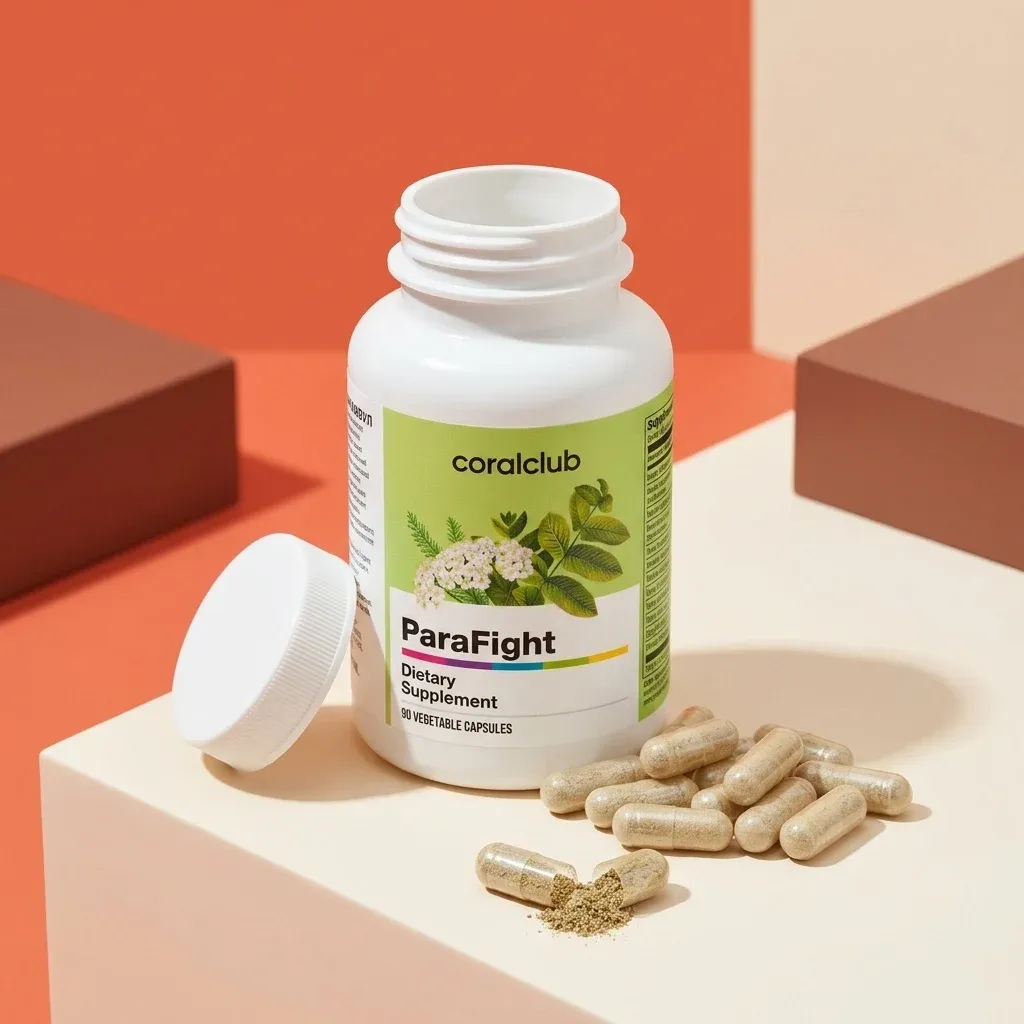 ParaFight dietary supplement bottle with capsules and powder on a colorful background.