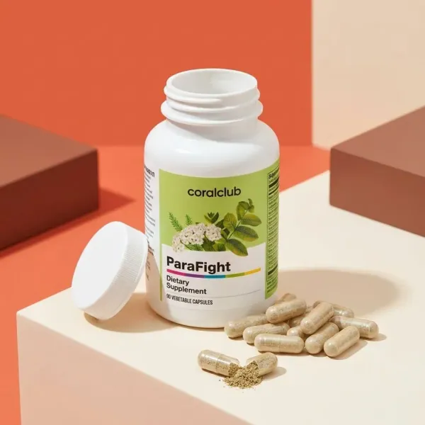ParaFight dietary supplement bottle with capsules and powder on a colorful background.