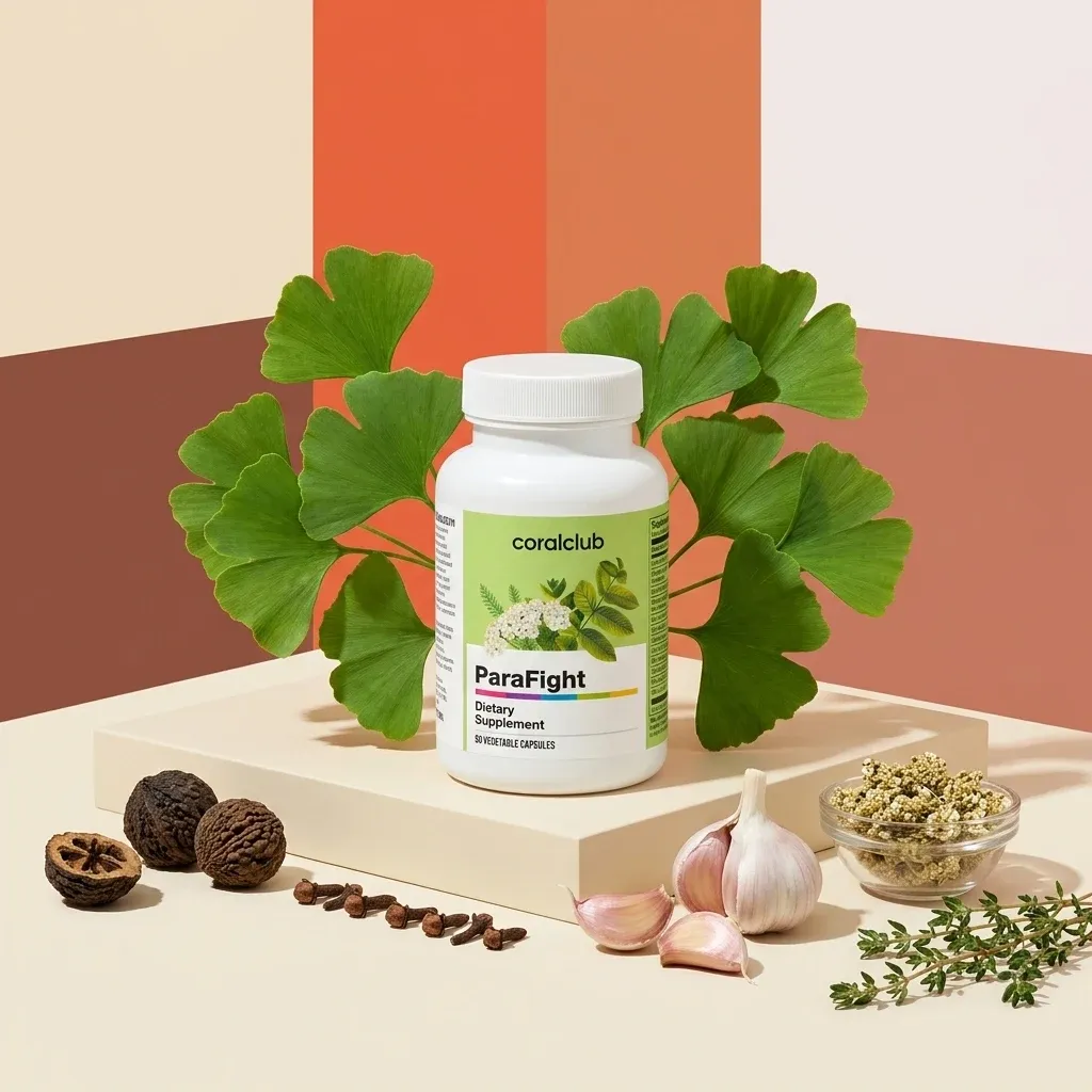 ParaFight dietary supplement with garlic, herbs, and natural ingredients on a minimalist display.
