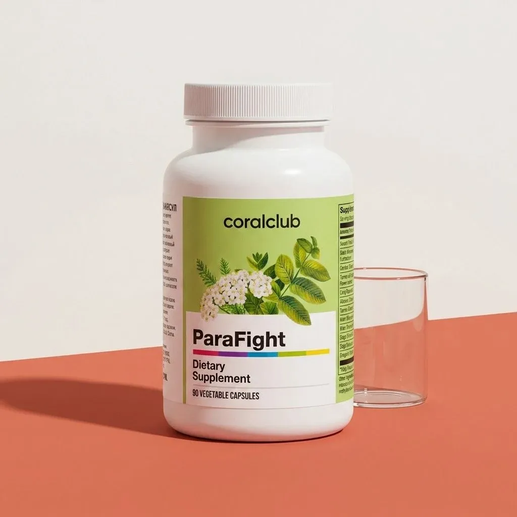 ParaFight dietary supplement packshot with 90 vegetable capsules and a clear glass.