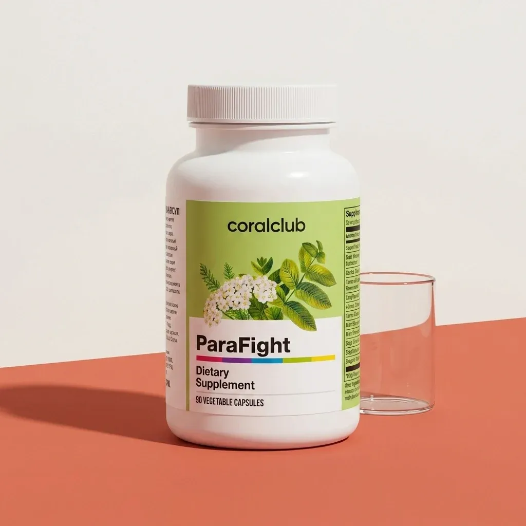 ParaFight dietary supplement packshot with 90 vegetable capsules and a clear glass.