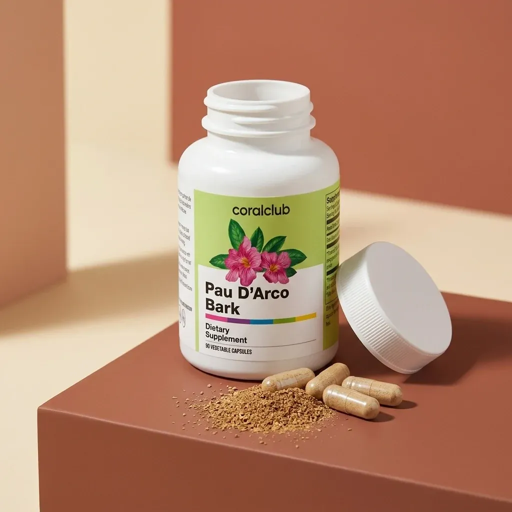 Pau d'Arco Bark dietary supplement bottle with capsules and powdered bark on a surface.