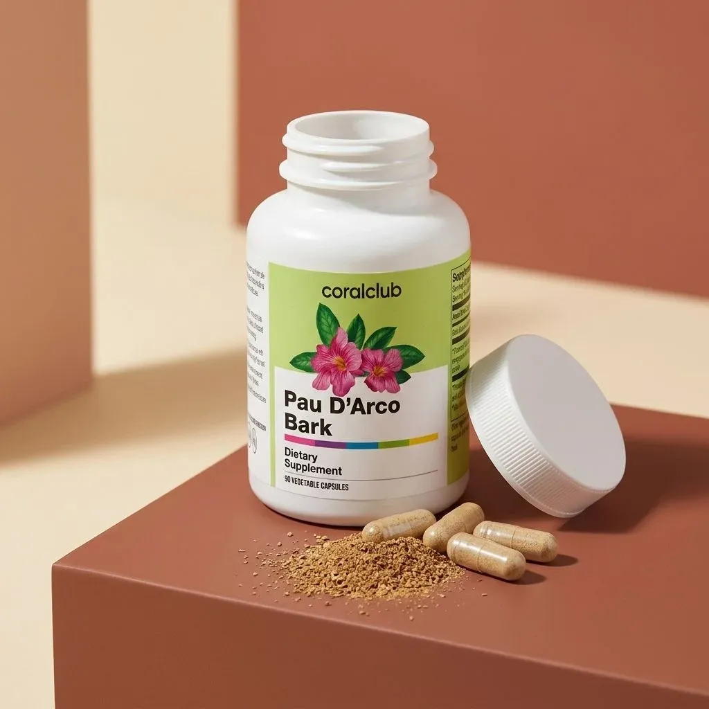 Pau d'Arco Bark dietary supplement bottle with capsules and powdered bark on a surface.
