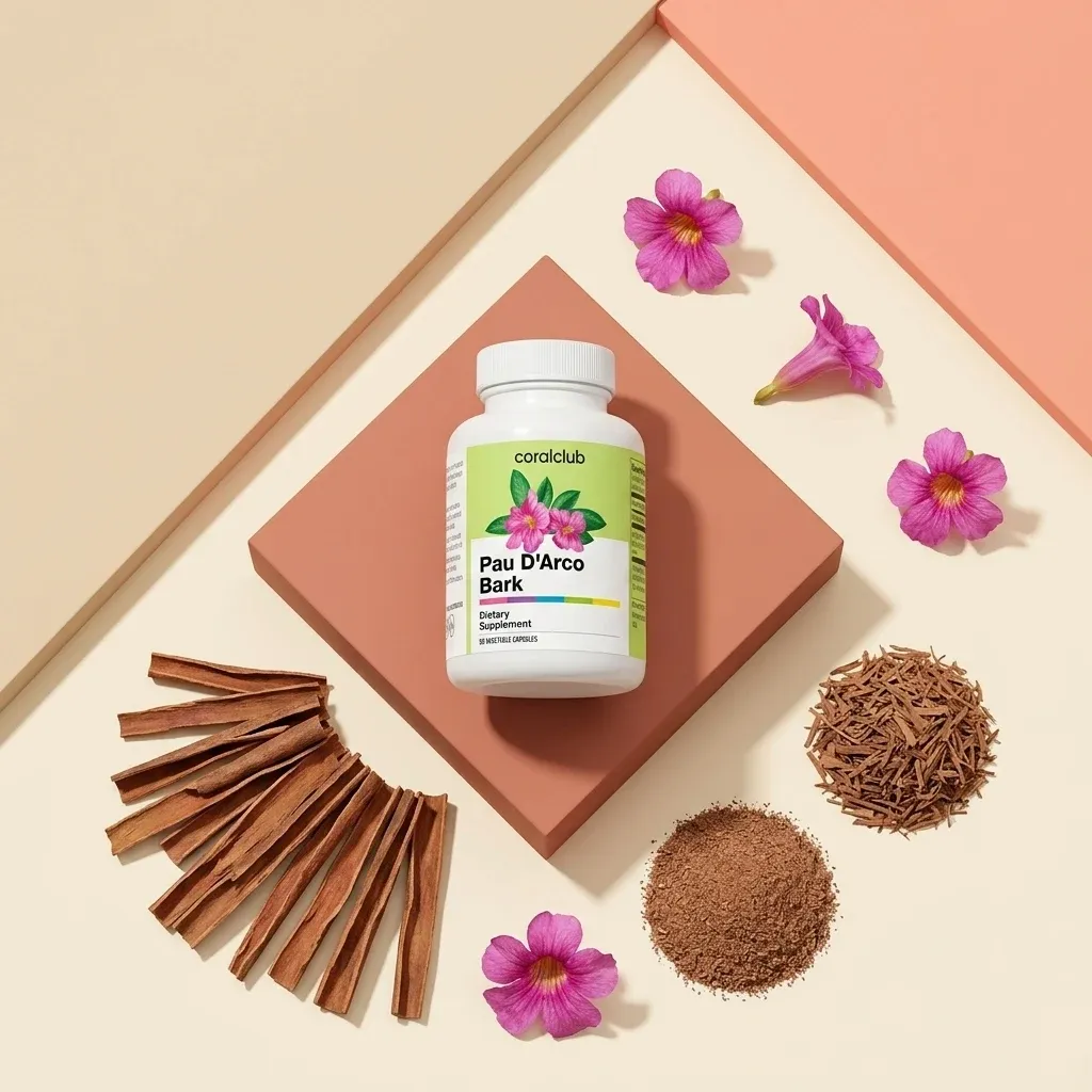 Pau d'Arco Bark ingredient with packaging, bark pieces, and ground powder on a pastel background.