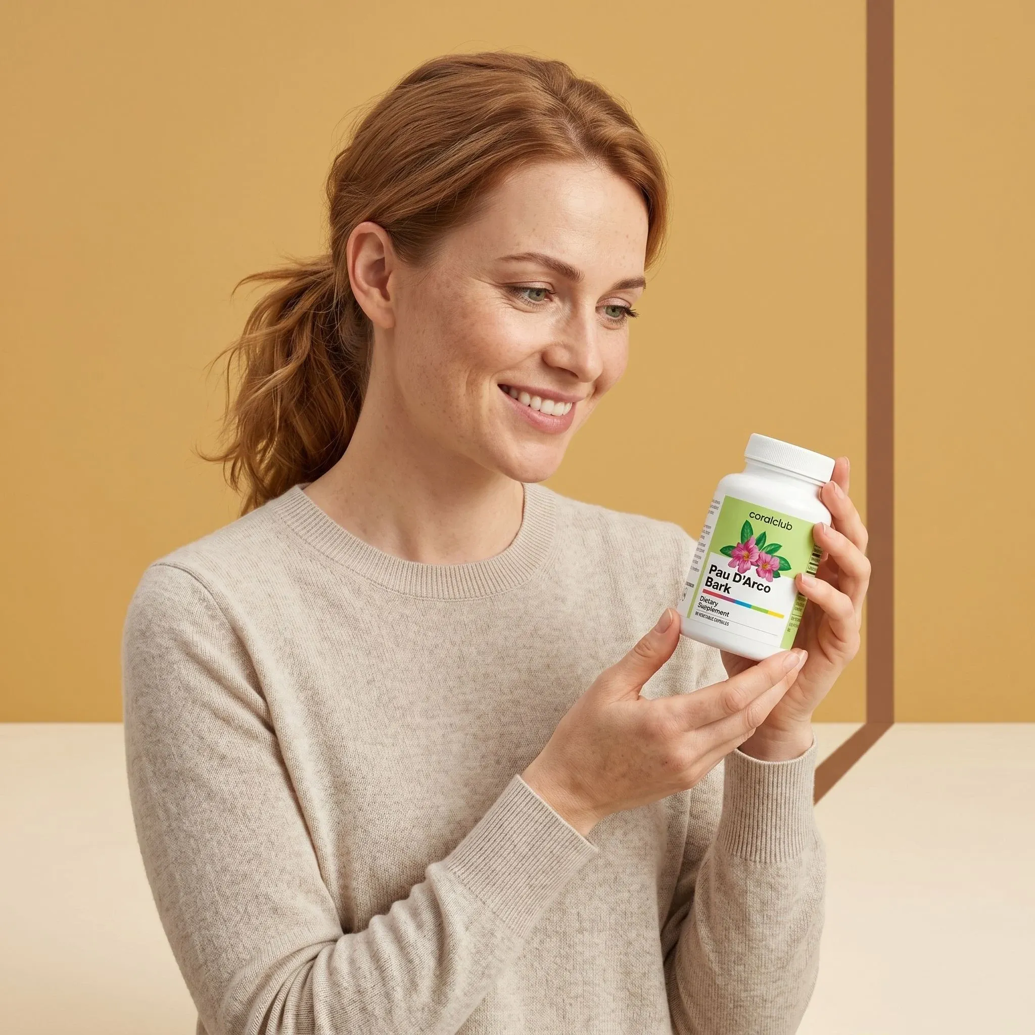 Woman holding a bottle of Pau d'Arco Bark in a warm, minimalist setting.