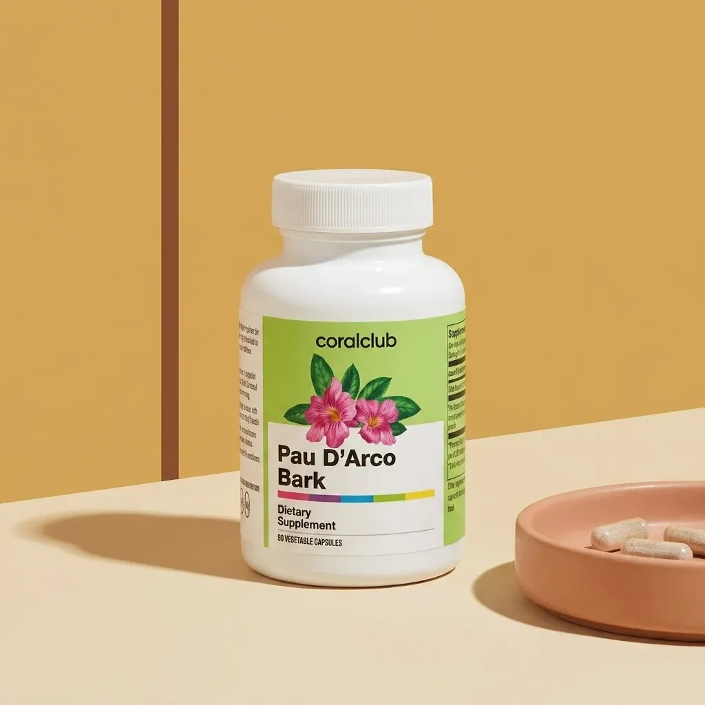 Pau d'Arco Bark dietary supplement bottle with capsules on a plate, set against a warm background.