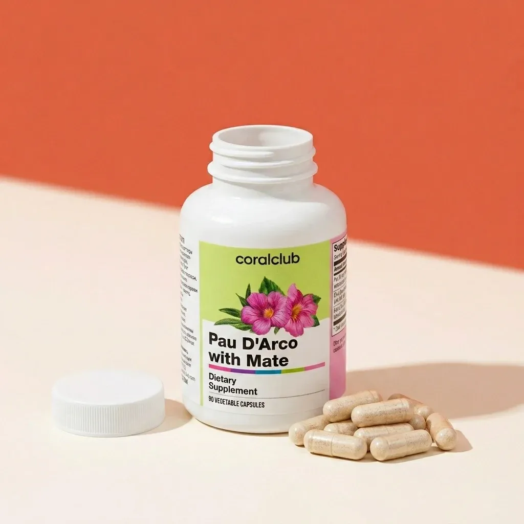 Pau d'Arco with Mate dietary supplement bottle and capsules on a light surface.