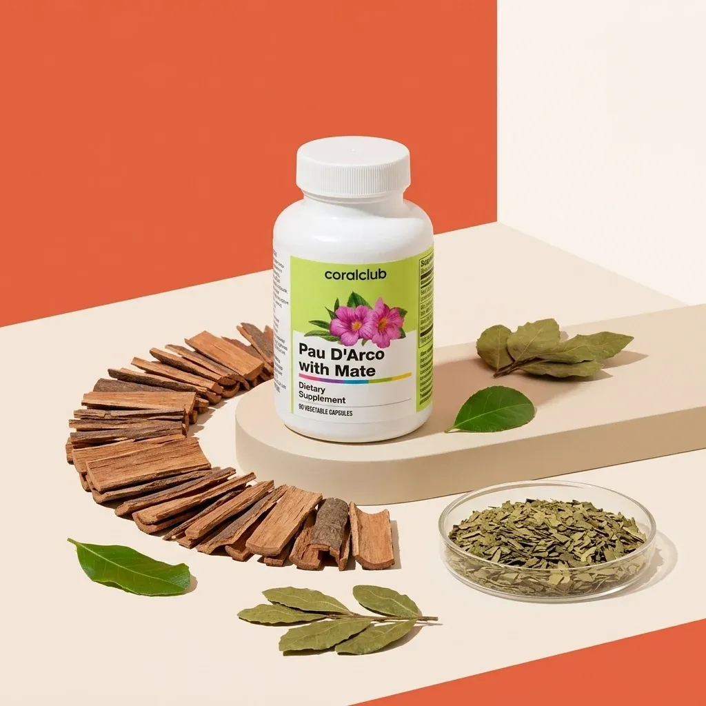 Pau d'Arco Mate dietary supplement with wood slices and green mate leaves.
