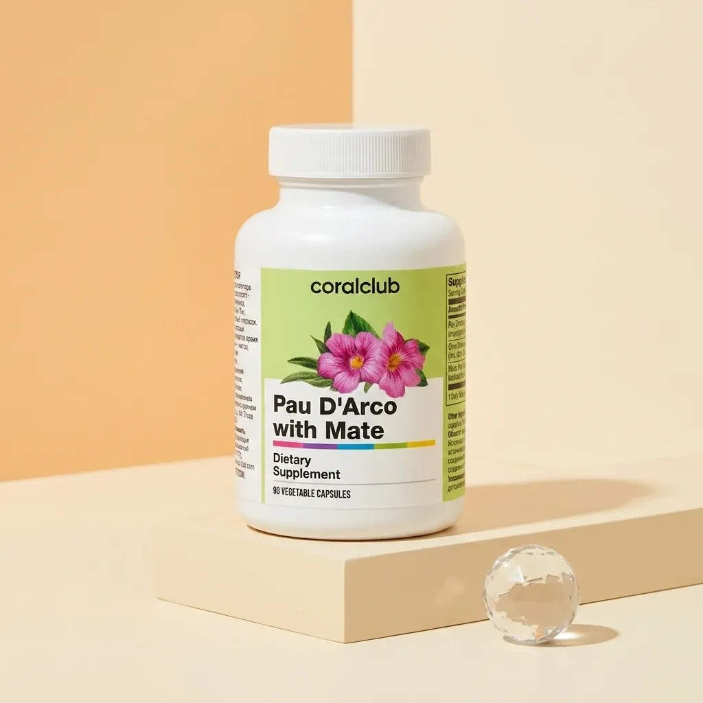 Pau d'Arco Mate dietary supplement bottle with floral design on a minimalist background.