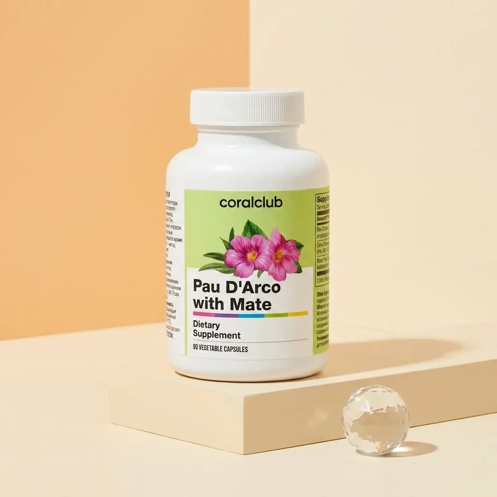 Pau d'Arco Mate dietary supplement bottle with floral design on a minimalist background.