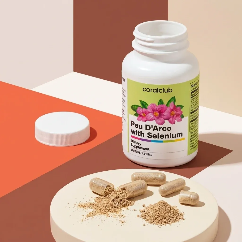 Pau D'Arco with Selenium dietary supplement bottle and capsules on a minimalist background.
