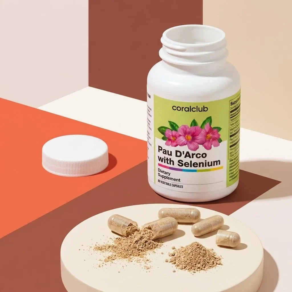 Pau D'Arco with Selenium dietary supplement bottle and capsules on a minimalist background.