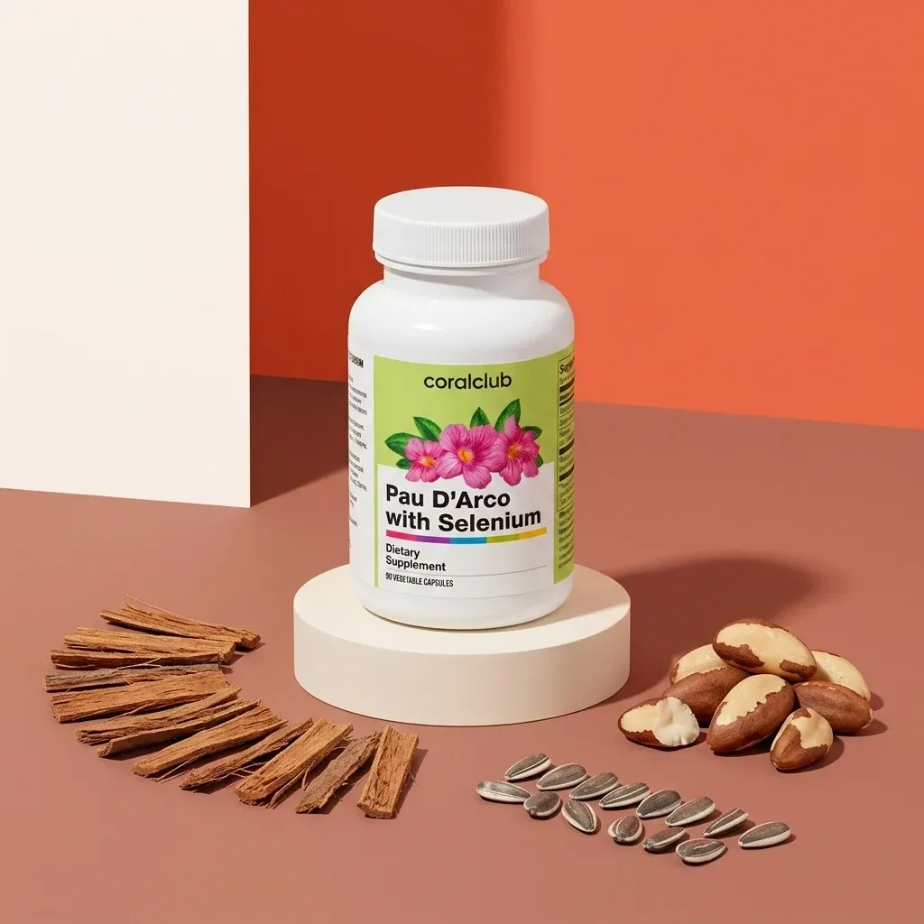 Pau d'Arco with Selenium dietary supplement bottle with bark and nuts on a colorful background.