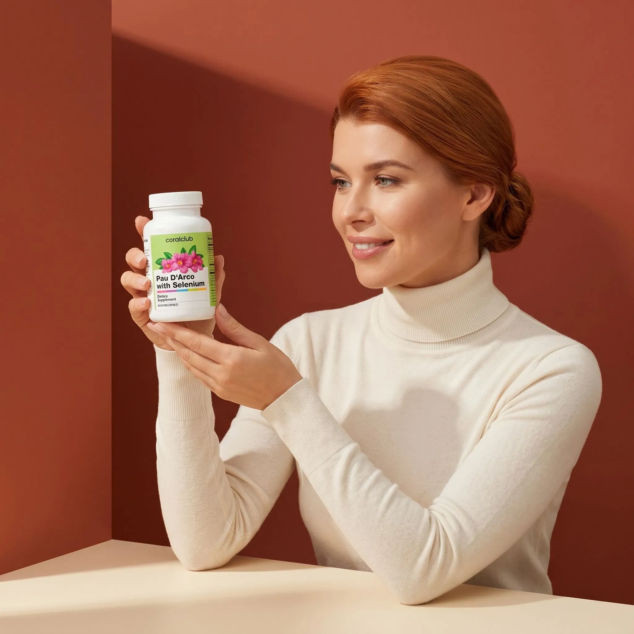 Pau d'Arco with Selenium lifestyle shot featuring a woman holding the product bottle.