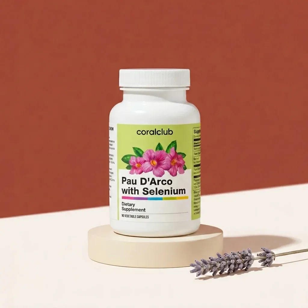 Pau d'Arco with Selenium dietary supplement bottle on a minimalist background with lavender.