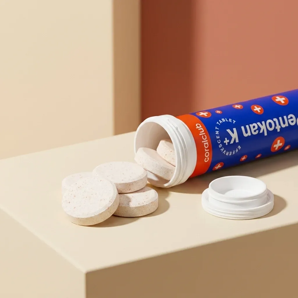 Pentokan K+ effervescent tablets in a container with some tablets spilled out on a beige surface.