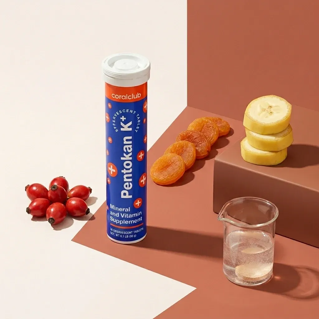 Pentokan K+ mineral and vitamin supplement with dried apricots, bananas, and water.