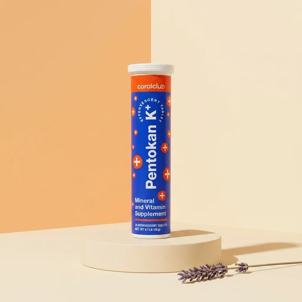 Pentokan K+ mineral and vitamin supplement packshot with vibrant packaging on a minimalist background.