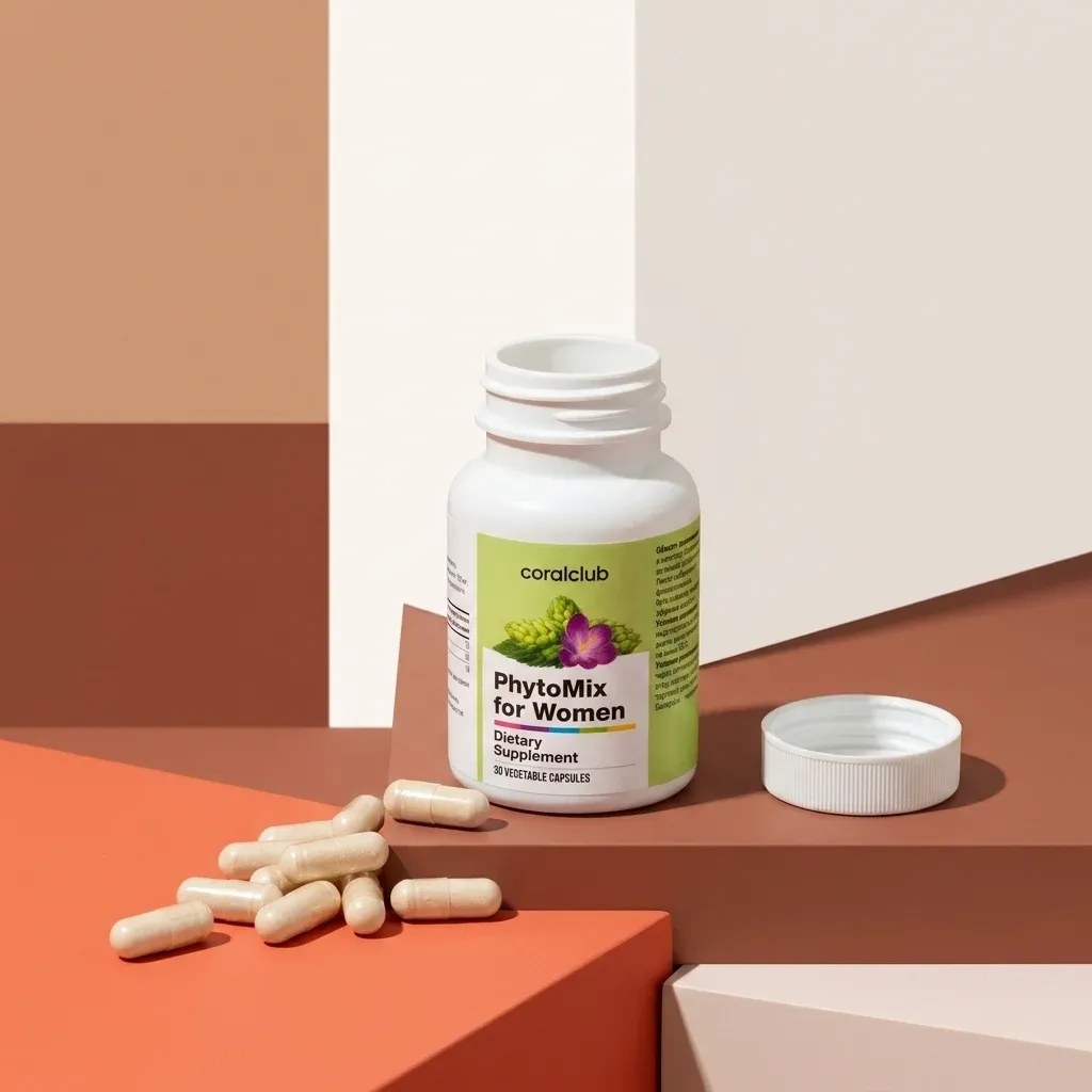 PhytoMix for Women dietary supplement bottle with capsules on a geometric background.