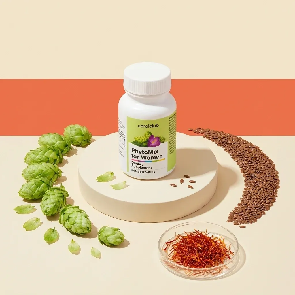 PhytoMix for Women dietary supplement with hops, saffron, and flaxseed on a neutral background.