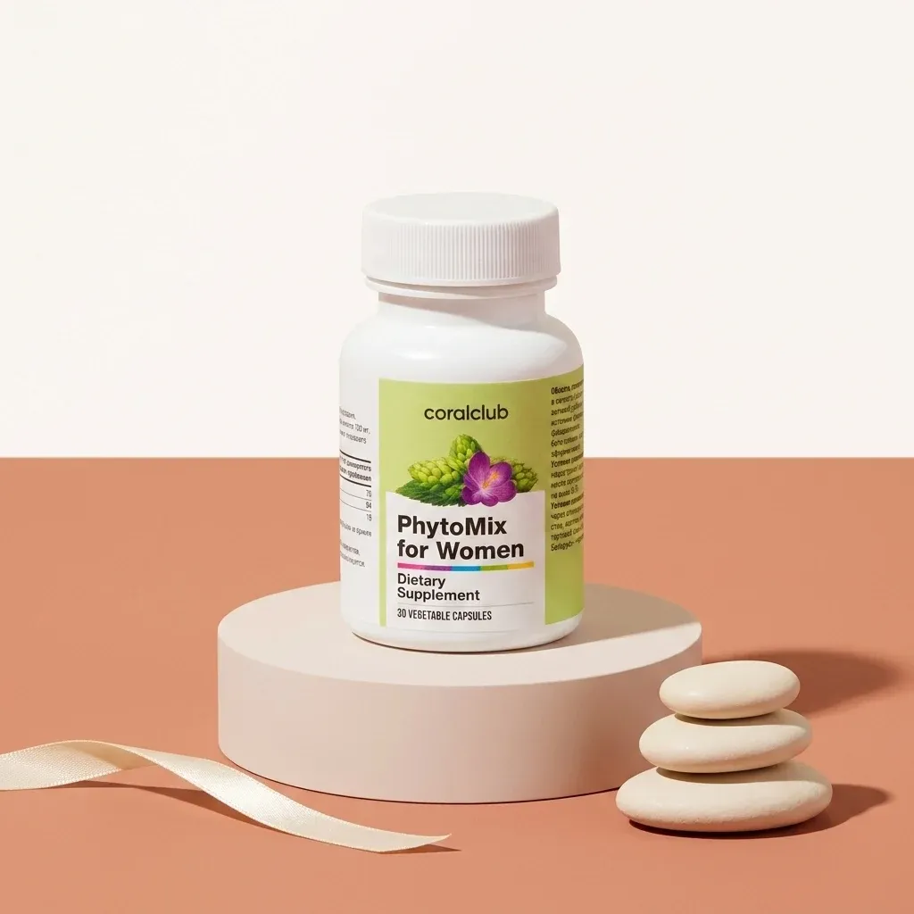 PhytoMix for Women dietary supplement packshot with capsules and smooth stones on a minimalist background.